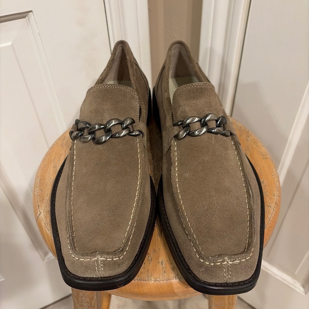 Kenneth Cole Mens Square Toe Suede Loafers Brown 8.5 Chain Link Leather Sole